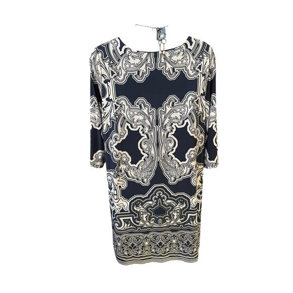 INC Plus Size 3X Navy & White Scroll Print Dress – Boat Neck, 3/4 Sleeve - Picture 4 of 6